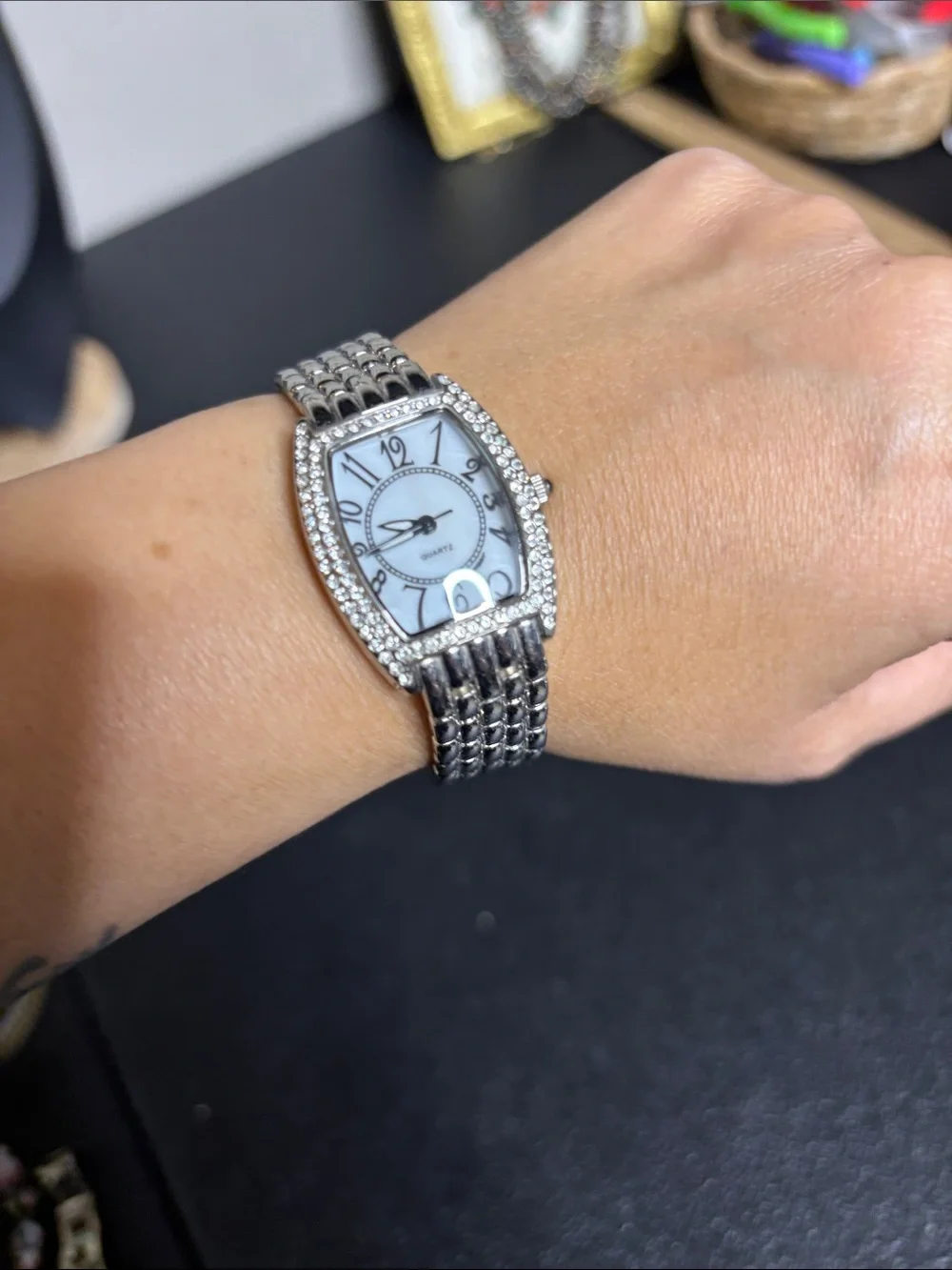 Silver Tone MOP Rhinestone Bling Dress Watch Crystal Accents WORKING